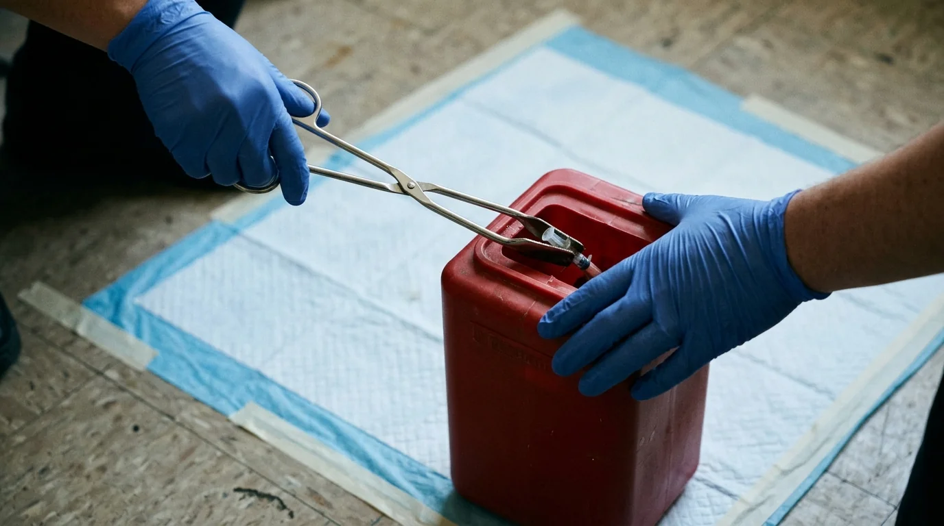 Gloved hands using tongs to drop an item into a sharps container