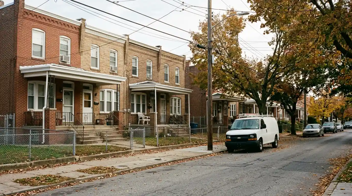 Row of brick airlite homes with front lawns on a Mayfair street