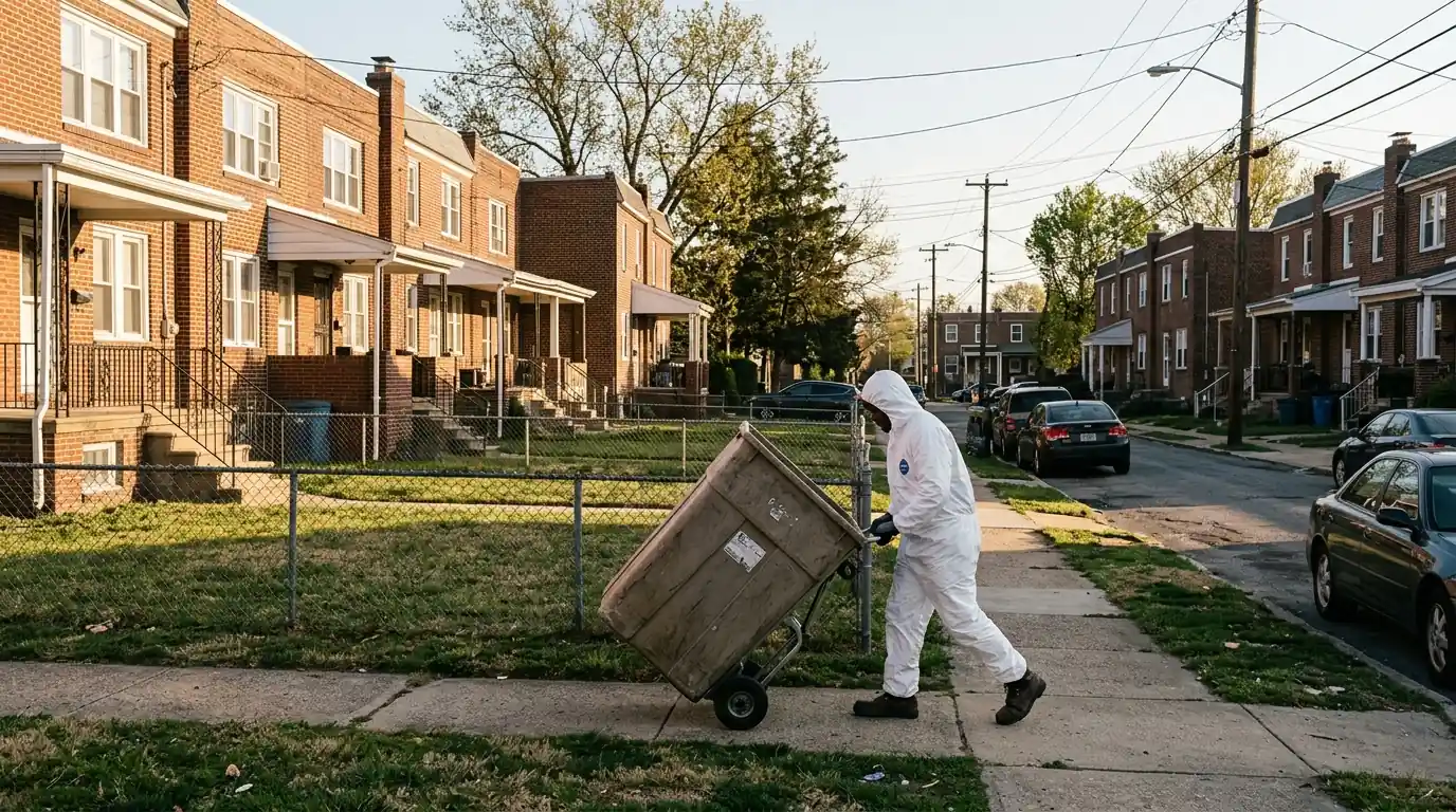 Technician wheeling a waste box past postwar rowhomes in Oxford Circle