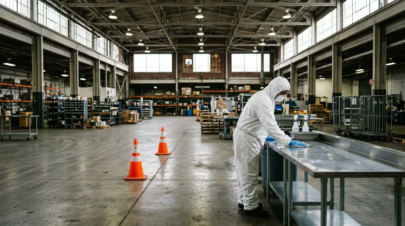 Technician disinfecting a stainless steel workbench in a warehouse