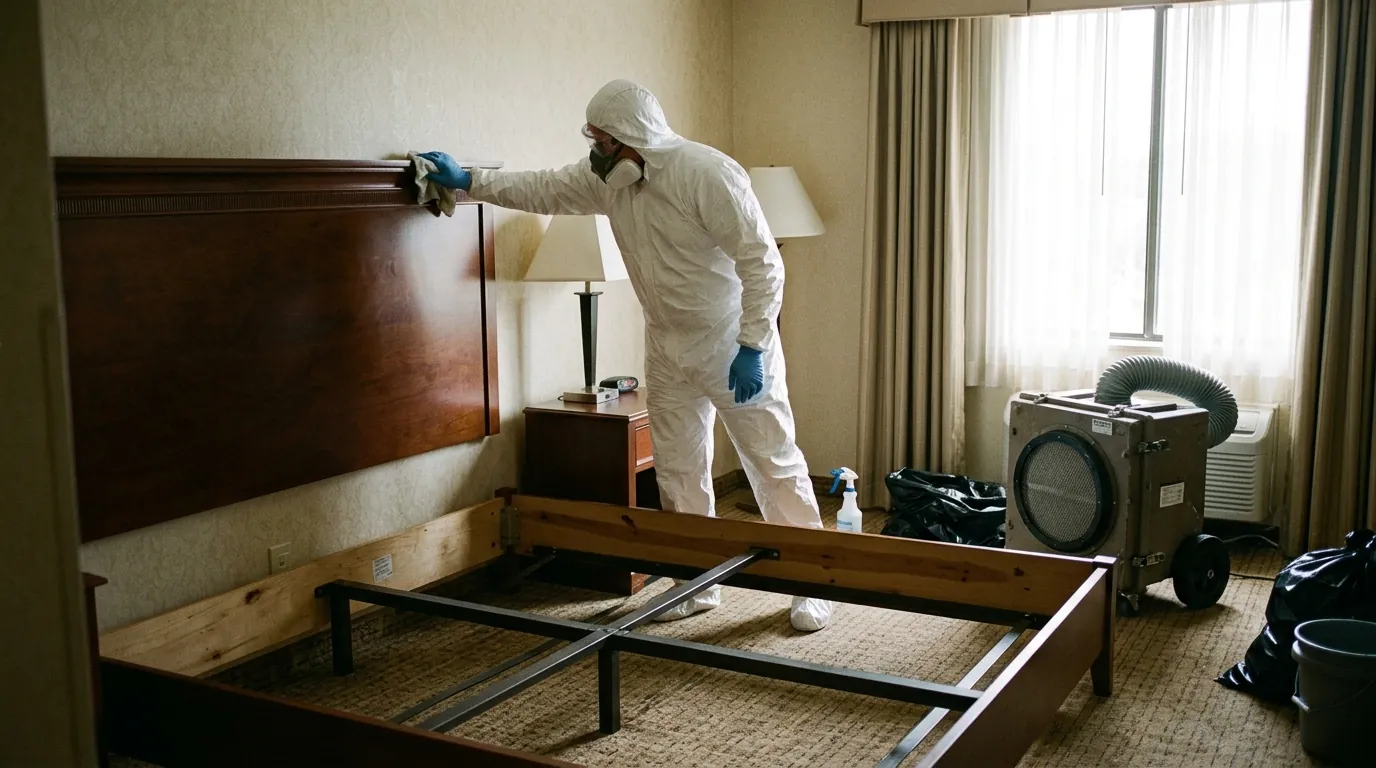 Technician disinfecting a hotel room headboard beside a bare bed frame