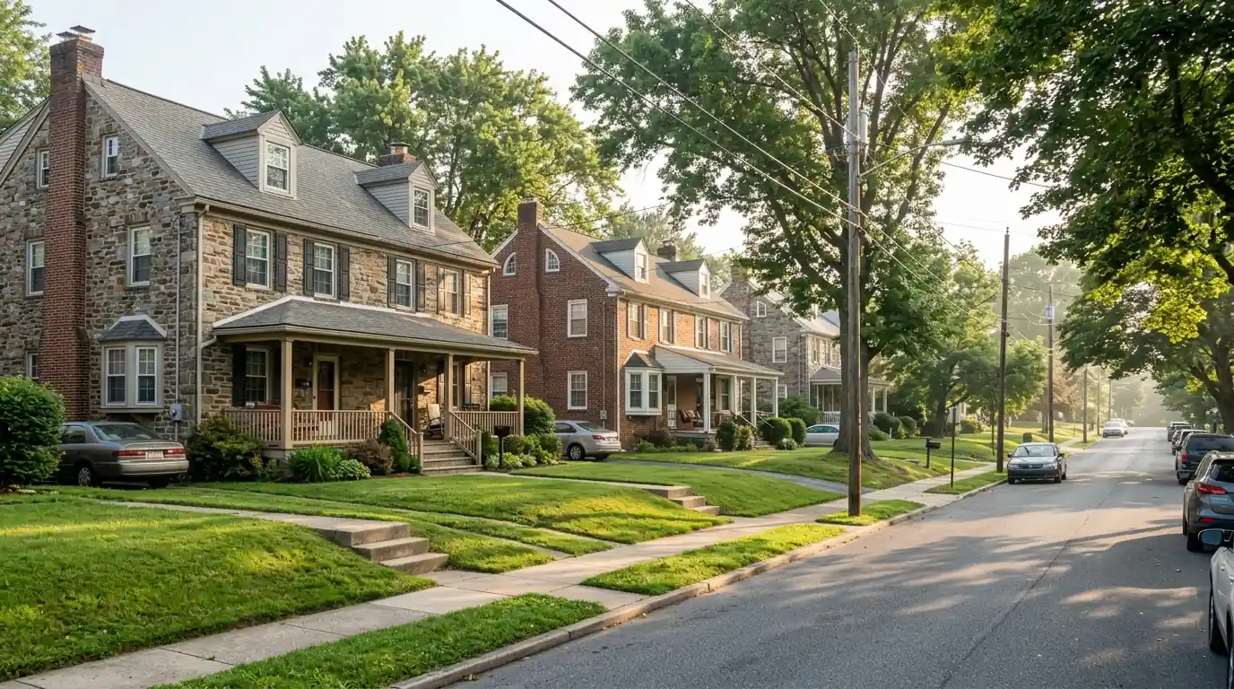 Suburban twin homes with mature trees and lawns