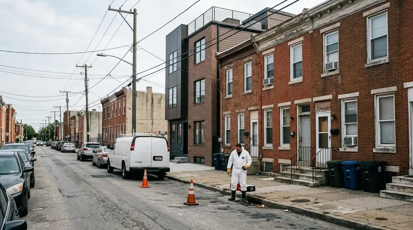 New construction beside older brick rowhomes on a Point Breeze block