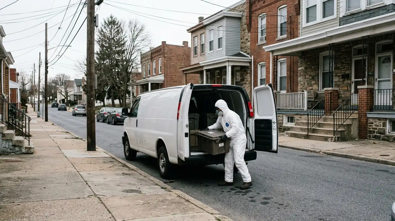 Technician loading sealed waste boxes outside twin homes in Norristown