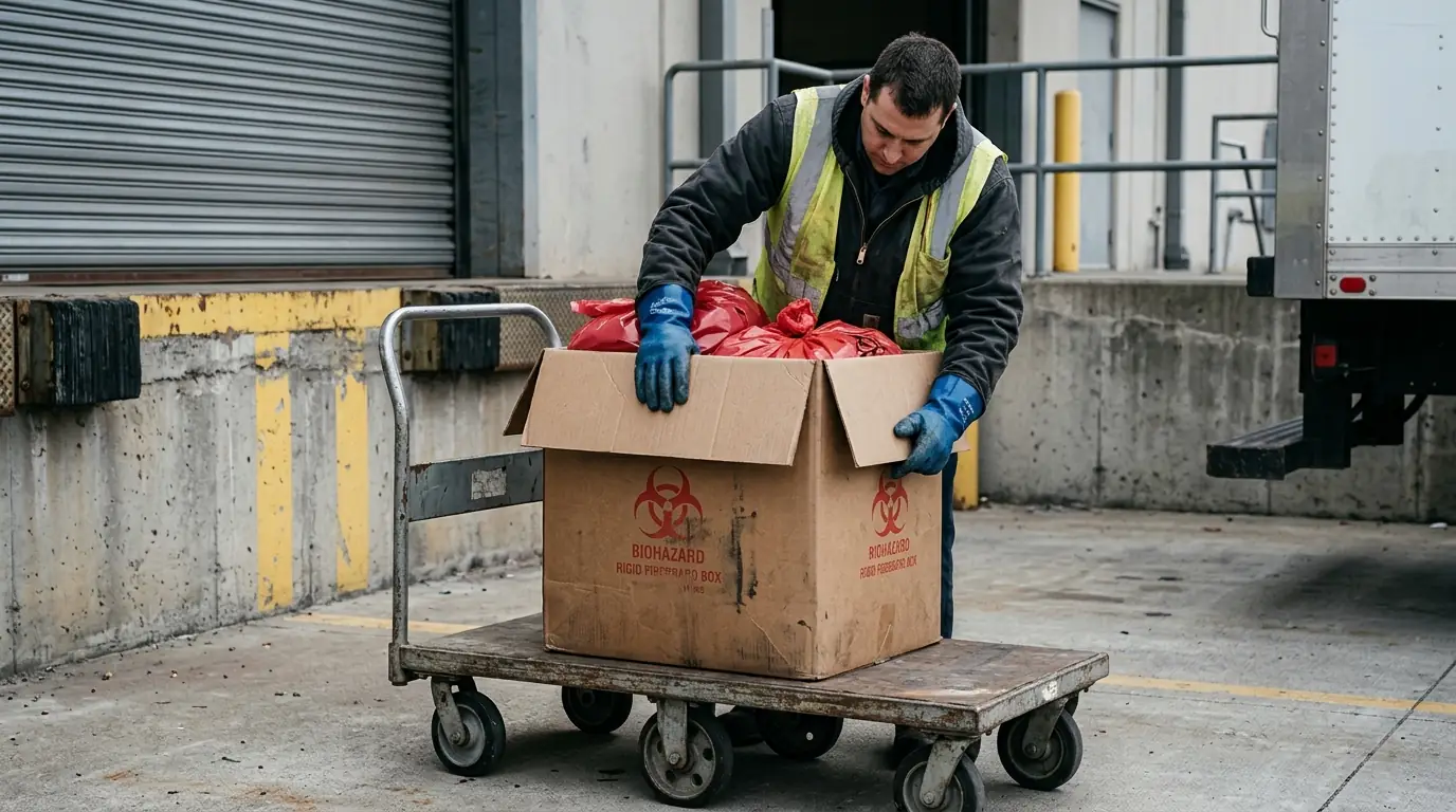 Sealed biohazard waste on a cart at a loading dock