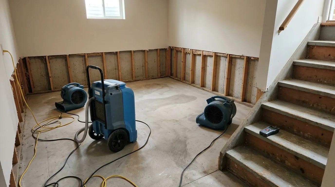 Drying equipment running in a cleaned basement after removal