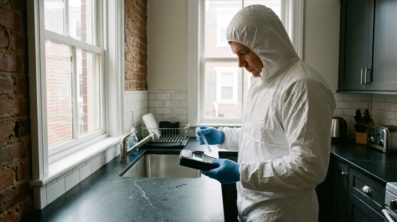 Technician holding an ATP meter beside a cleaned kitchen counter